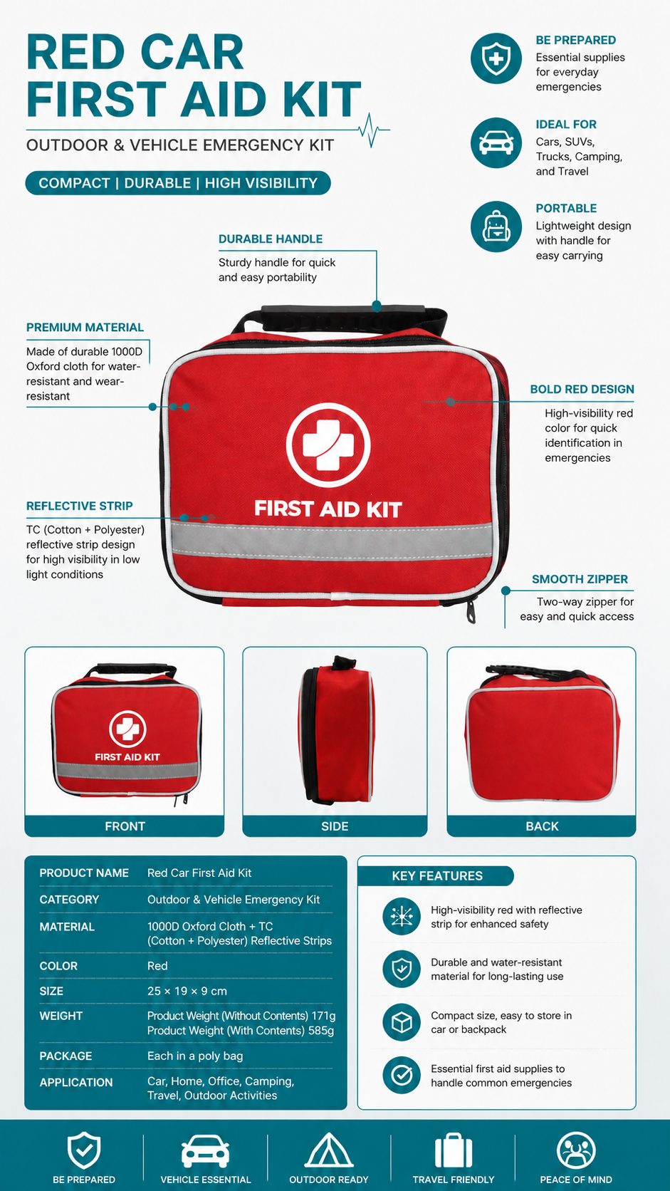 Compact First Aid Kit Bag with Reflective Strip detail image