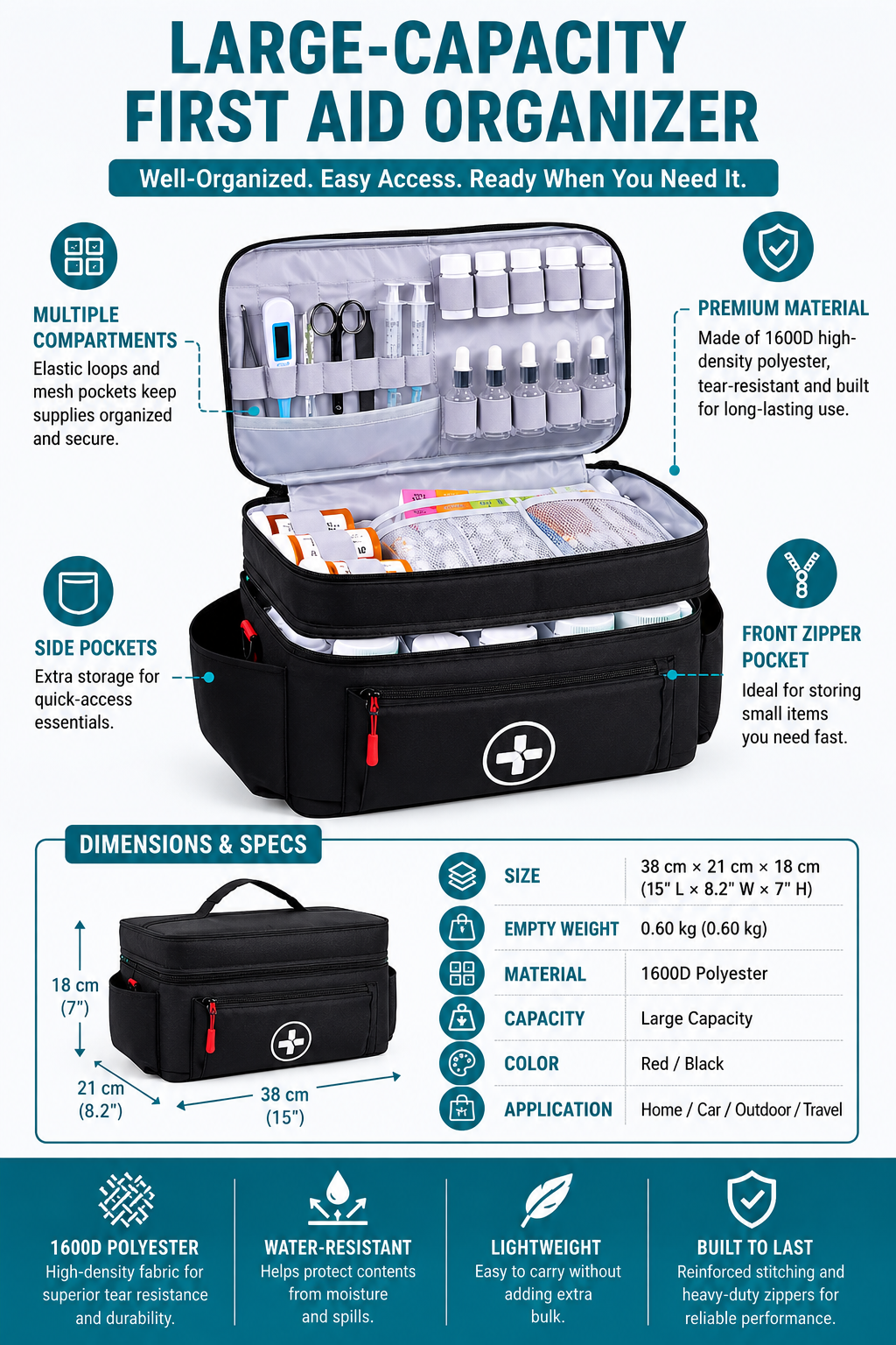 Extra-Large Double-Layer First Aid kit Bag with Shoulder Strap detail image
